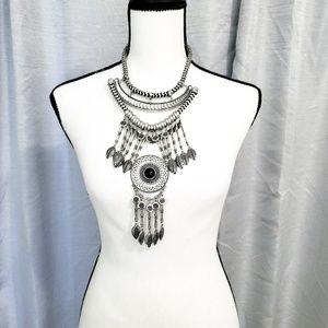 Silver tribal long length statement necklace